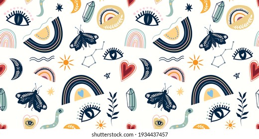 Decorative seamless pattern with mystical elements, eyes, moon, moth and rainbows
