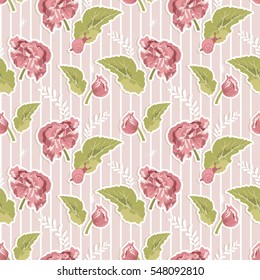 Decorative seamless pattern with natural red flowers green leaves on striped background vector illustration