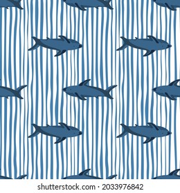 Decorative seamless pattern with navy blue shark shapes. White and blue striped background. Simple print. Designed for fabric design, textile print, wrapping, cover. Vector illustration.