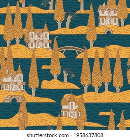 Decorative seamless pattern with old houses, yellow trees, islands and bridges on the backdrop of dark blue water. Childish wallpaper, wrapping paper, textiles. Cartoon vector background in flat style