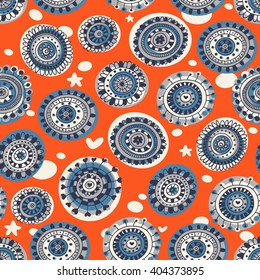Decorative seamless pattern on the orange background. Vector design elements in doodle style.
