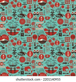 Decorative seamless pattern on the theme of Japan. Translation from Japanese hieroglyphs: Sushi, Tea, Perfection, Happiness, Truth, Japan Post. Vector background, wallpaper, wrapping paper or fabric