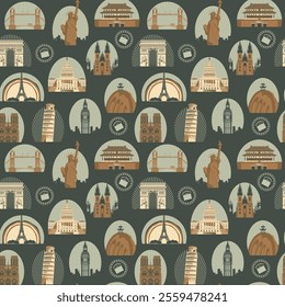 Decorative seamless pattern on a theme of world tourism with architectural landmarks. Vector repeating background in retro style with various world sights. Wallpaper, wrapping paper or fabric design