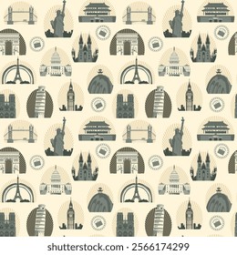 Decorative seamless pattern on a theme of world tourism with architectural landmarks. Vector repeating background in retro style with various world sights. Wallpaper, wrapping paper or fabric design