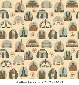 Decorative seamless pattern on a theme of world tourism with architectural landmarks. Vector repeating background in retro style with various world sights. Wallpaper, wrapping paper or fabric design