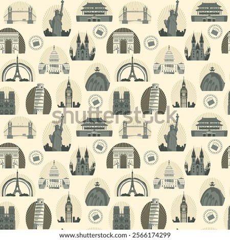 Decorative seamless pattern on a theme of world tourism with architectural landmarks. Vector repeating background in retro style with various world sights. Wallpaper, wrapping paper or fabric design