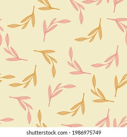 Decorative seamless pattern with orange and pink colored random outline leaves print. Pastel background. Perfect for fabric design, textile print, wrapping, cover. Vector illustration.