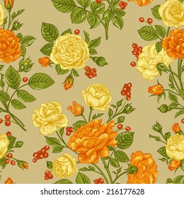 Decorative seamless pattern with orange and yellow roses on a beige background. Elegance floral vector illustration.