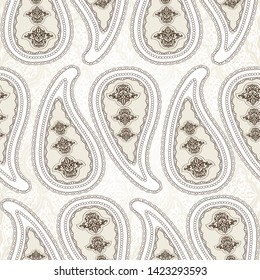 Decorative seamless pattern in oriental ethnic style.Beige  paisley motif filigree ornament. Traditional retro indian background. Element for design. - Vector