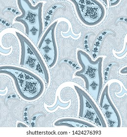 Decorative seamless pattern in oriental ethnic style.Blue  paisley motif filigree ornament. Traditional retro indian background. Element for design. - Vector