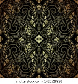 Decorative seamless pattern in oriental ethnic style.Black and gold  paisley motif filigree ornament. Traditional retro indian background. Element for design. 