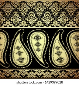 Decorative seamless pattern in oriental ethnic style.Gold   paisley motif filigree ornament. Traditional retro indian background. Element for design. 