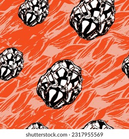 A decorative seamless pattern with ornament of botanical elements such as seeds and boxes, in black and white on a red background.