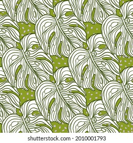 Decorative seamless pattern with outline monstera leaves shapes. Green dotted background. Abstract style. Decorative backdrop for fabric design, textile print, wrapping, cover. Vector illustration.