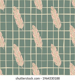 Decorative seamless pattern with pale pink leaf shapes. Green turquoise chequered background. Decorative backdrop for fabric design, textile print, wrapping, cover. Vector illustration.