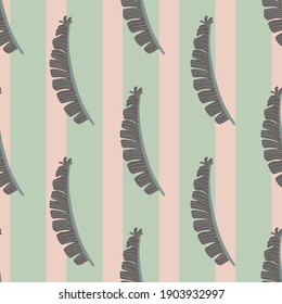 Decorative seamless pattern with pale purple fern ornament. Pink and grey striped background. Graphic design for wrapping paper and fabric textures. Vector Illustration.