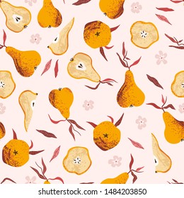 Decorative seamless pattern with pears on a pink background. Autumn harvest and flowers