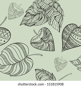 Decorative seamless pattern with petals. Leaves. Autumn. Green background. vector illustration