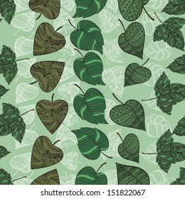 Decorative seamless pattern with petals. Leaves. Autumn. Green background. vector illustration