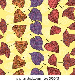 Decorative seamless pattern with petals. Leaves. Autumn. Green background. vector illustration