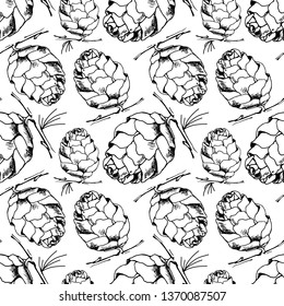 Decorative seamless pattern with pine cones. Suitable for textiles, wallpapers, wrappers, covers, gift wrapping. 