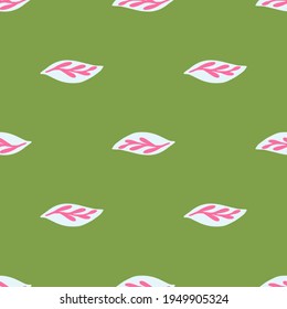 Decorative seamless pattern with pink leaf ornament. Green background. Spring minimalistic foliage print. Perfect for fabric design, textile print, wrapping, cover. Vector illustration.
