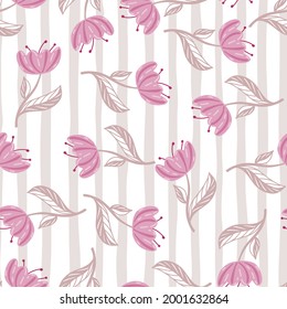 Decorative seamless pattern with pink random poppy flower silhouettes. Striped light background. Perfect for fabric design, textile print, wrapping, cover. Vector illustration.