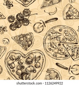 Decorative seamless pattern with pizza and pieces of pizza. Italian cuisine. Ink hand drawn Vector illustration. Composition of food elements for menu design.