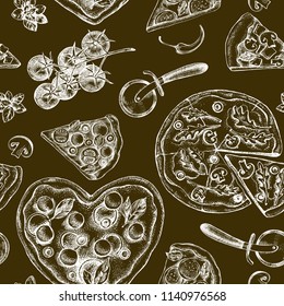 Decorative seamless pattern with pizza and pieces of pizza. Italian cuisine. Ink hand drawn Vector illustration. Composition of food elements for menu design.