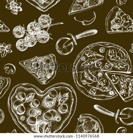 Decorative seamless pattern with pizza and pieces of pizza. Italian cuisine. Ink hand drawn Vector illustration. Composition of food elements for menu design.