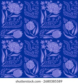 Padrão decorativo sem emenda com flores proteicas em tons azul e marinho. Estilo botânico de impressão de bloco folk moderno, ideal para design têxtil, embalagem, papéis de parede e projetos digitais.