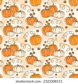 Decorative seamless pattern with pumpkins, autumn gardening and harvest concept, vector background.