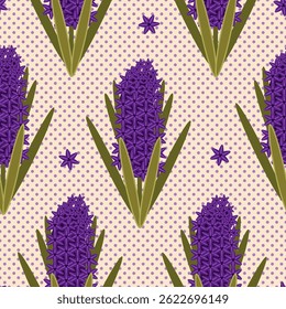 Patrón decorativo sin fisuras con jacintos púrpuras y hojas de color verde oliva sobre un fondo retro de lunares. Ideal para un diseño textil atrevido.