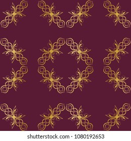 Decorative seamless pattern. Purple and light burgundy background with gold elements for decoration.
Luxurious surface design for wrapping paper, printing, background, fabric.
  Textile design.