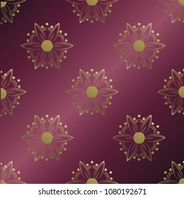 Decorative seamless pattern. Purple and light burgundy background with gold elements for decoration.
Luxurious surface design for wrapping paper, printing, background, fabric.
  Textile design.