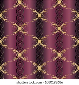 Decorative seamless pattern. Purple and light burgundy background with gold elements for decoration.
Luxurious surface design for wrapping paper, printing, background, fabric.
  Textile design.