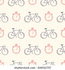 Decorative seamless pattern with racing bikes and stopwatch. For fabric design, wallpaper, wrapping. Endless trendy ornament with elements made in trendy thin line style vector.