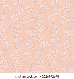 Decorative seamless pattern with random little monstera outline shapes. Pink pastel background. Decorative backdrop for fabric design, textile print, wrapping, cover. Vector illustration.