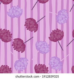 Dekoratives, nahtloses Muster mit Lotusblütendruck. Lilac-gestreifter Hintergrund. Einfaches Design. Ideal für Stoffdesign, Stoffdruck, Umhüllung, Abdeckung. Vektorgrafik.