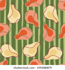 Decorative seamless pattern with random pink and orange organic pear silhouettes. Green striped background. Great for fabric design, textile print, wrapping, cover. Vector illustration.