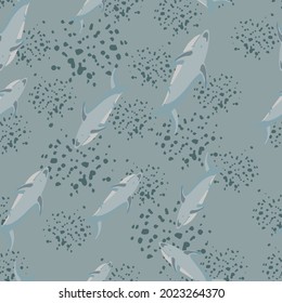 Decorative seamless pattern with random shark fish print. Grey background with splashes. Doodle print. Designed for fabric design, textile print, wrapping, cover. Vector illustration.