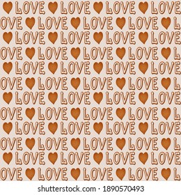 Decorative seamless pattern with realistic gingerbread in the shape of hearts and letters love. Vector illustration on a beige background. Symbol of Valentine's Day. For wedding packaging, textiles.
