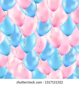 Decorative seamless pattern with realistic glossy blue and pink balloons . Invitation template. Beautiful festive background. Vector illustration for design, greeting card, promotion, poster, flyer.