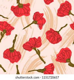 Decorative seamless pattern with red flowers. Endless floral ornament with red acosmic poppies and green stems of poppies on beige backdrop with light brown strokes. Stylish background for fabric.