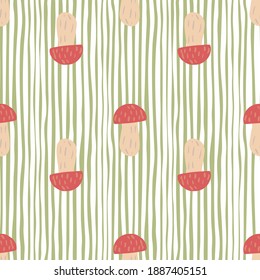 Decorative seamless pattern with red fungus mushroom silhouettes. Green and white striped background. Designed for fabric design, textile print, wrapping, cover. Vector illustration.