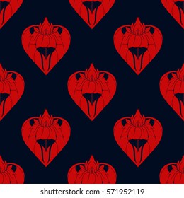 Decorative seamless pattern of red heart with a flower. Valentines day symbol of love in Art Deco style. Print for gift paper. Vector Illustration.