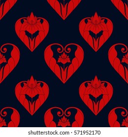Decorative seamless pattern of red heart with a flower. Valentines day symbol of love in Art Deco style. Print for gift paper. Vector Illustration.
