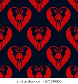 Decorative seamless pattern of red heart with tulip flower. Valentines day symbol of love in Art Deco style. Print for gift paper. Vector Illustration.