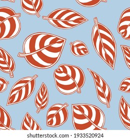 Decorative seamless pattern with red striped flat leaves on blue background. For fabric, wallpaper, wrapping paper, pattern fills, textile, web textures. 