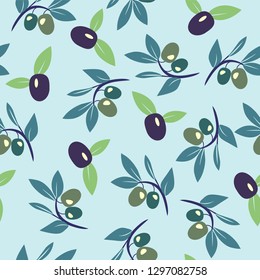 Decorative seamless pattern with ripe black and green olives. Olive branch vector background